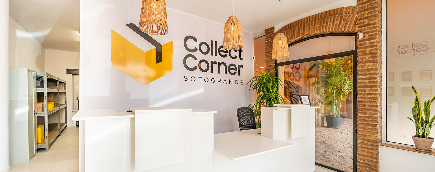Interior of Collect Corner Sotogrande showing the reception desk, branded logo signage, and modern postal service workspace.